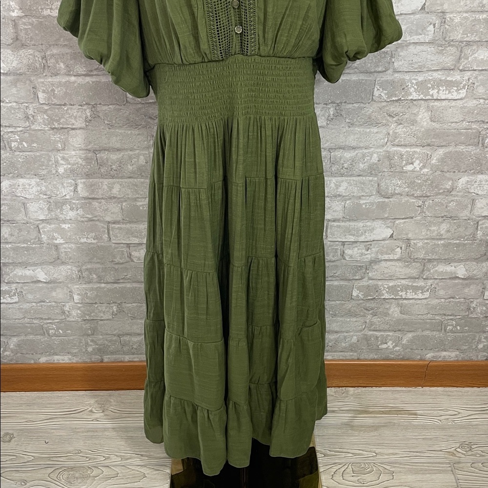 Olive Green Midi Dress with Smocked Waist - Picture 2 of 7